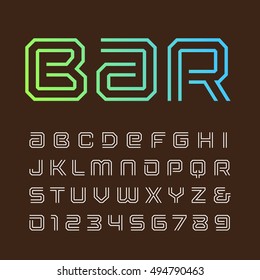 Linear font. Vector alphabet with stripes effect letters and numbers.