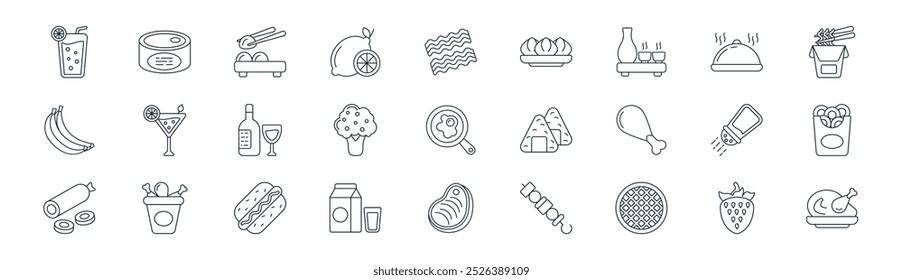 Vector de línea delgada de fresa, alimentos enlatados, sushi, plato, brócoli, anillo de cebolla, filete, íconos de pollo adecuados para App y Sitios web Diseños de UI