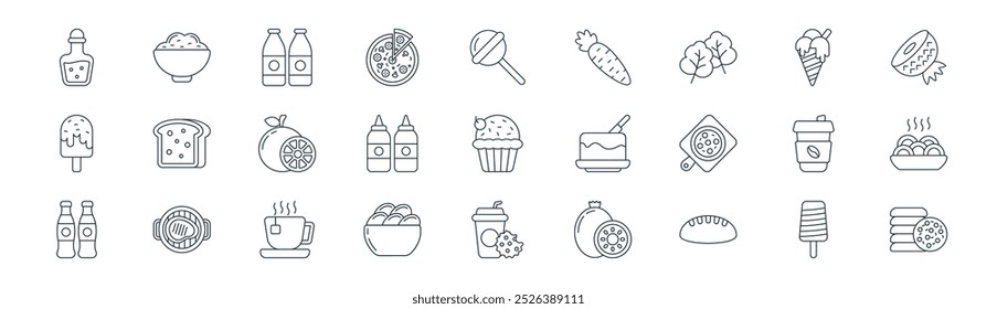 linear food and beverage icon pack. vector thin line ice cream, rice bowl, bottle, ice cream, ketchup, sushi, drink, cookies icons suitable for apps and websites ui designs