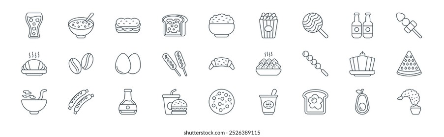 vetor linha fina abacate, sopa, sanduíche, garrafa, frankfurt, melancia, biscoito, ícones de camarão adequados para aplicativos e sites ui designs