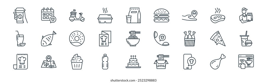 Vector de línea delgada de pollo frito, calendario, entrega de alimentos, carne, menú, hamburguesa de comida rápida, pastel de cumpleaños, iconos de orden adecuados para App y Sitios web UI diseños