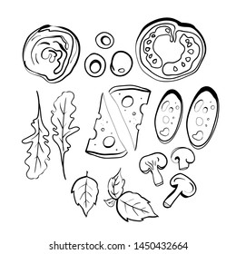 Linear food drawings, for restaurant advertising, pizzeria, vector image