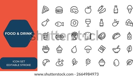Linear food and drink icon set for web. Editable stroke restaurant icons collection featuring pizza, burger, desserts, vegetables, fruits, meat, hot dog, french fries, drink, and more.