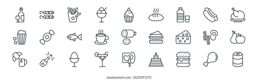 linear food icon pack. vector thin line chicken leg,  , french fries, hot dog, hot tea, fruits, toasted bread, soda icons suitable for apps and websites ui designs