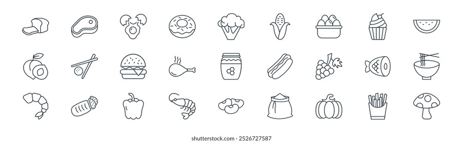 linear food icon pack. vector thin line french fries, meat, egg, cupcake, chicken, noodles, beans, mushroom icons suitable for apps and websites ui designs