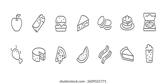 Linear food icons set featuring fast food and desserts