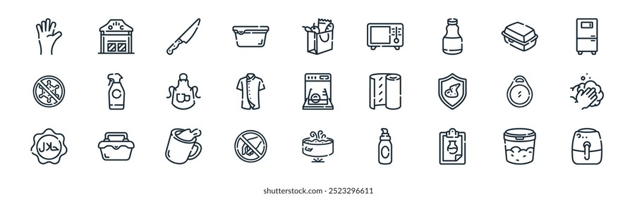 linear food safety icon pack. vector thin line dry, warehouse, knife, styrofoam, coat, hand wash, soup, air fryer icons suitable for apps and websites ui designs