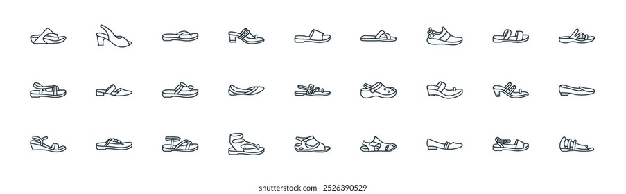 lineares Schuhsymbol-Paket. Vektorschuhe mit dünner Linie, Schuhe, Icons für Apps und Websites ui Designs