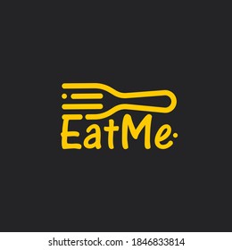 Linear fork with Eat Me text, line art icon on black background. Yellow cutlery, awesome vector logo concept. Flatware for restaurant, food delivery and catering