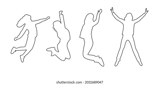 linear four jumping girls. concept of lifestyle, joyful mood, funny kids, flying teenagers, cheerful child, freedom-loving students. simple design, black line silhouette isolated on white background