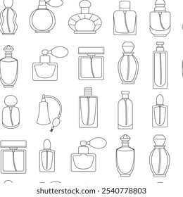 Linear fragrance bottles seamless pattern. Pump perfume bottle. Essence, toiletry flask. Vintage. Line art. Outline background, wallpaper, digital paper. Vector.