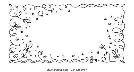 linear frame. Frame with flowers, leaves, stars. Vector illustration.