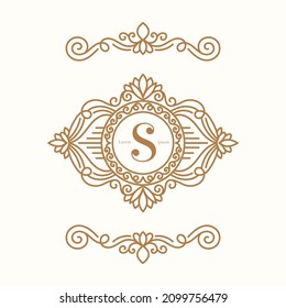 Linear frame with golden vector ornament on a white background. Elegant, classic elements. Can be used for jewelry, beauty and fashion industry. Great for logo, emblem, or any desired idea.