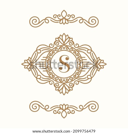 Linear frame with golden vector ornament on a white background. Elegant, classic elements. Can be used for jewelry, beauty and fashion industry. Great for logo, emblem, or any desired idea.