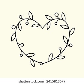 Linear frame in the shape of a heart, a wreath with small berries, leaves. Minimalist frame with floral, botanical decor. Graphic design element in simple line art style. Black and white vector.