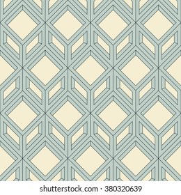 Linear frame of squares and rhombuses. Three-dimensional rectangular geometric shapes. Seamless vector pattern. Light colors. Repetitive retro design. Abstract geometric background.
