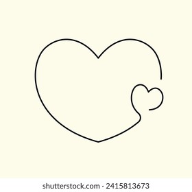 Linear frame, two connected hearts from a continuous line. Minimalist design element, linear frame in the shape of a big heart. Black and white vector illustration.