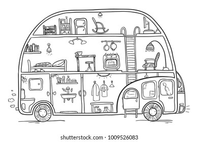 Linear freehand vector illustration of a caravan car in section