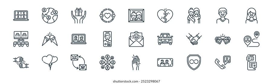 linear friendship icon pack. vector thin line hand, earth, present, man, video call, pins, palm, message icons suitable for apps and websites ui designs