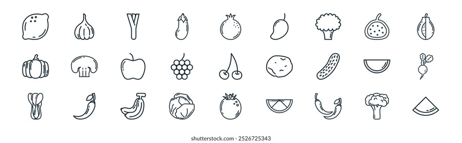 Vector de línea delgada de brócoli, cebolla, puerro, higo, uva, nabo, tomate, sandía iconos adecuados para App y Sitios web UI diseños