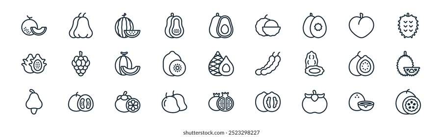 linear fruits icon pack. vector thin line coconut, water, watermelon, peach, kiwi, jackfruit, pomegranate, passion fruit icons suitable for apps and websites ui designs