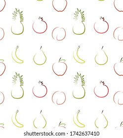 Linear fruits pattern. Linear apple, peach, banana, pomegranate, pear, pineapple. Cute simple set of fruits