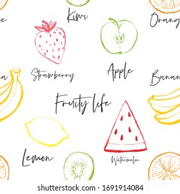 Fruto lineal sin fisuras con banana, fresa, manzana, kiwi, naranja, limón, sandía. Fondo tropical vectorial.