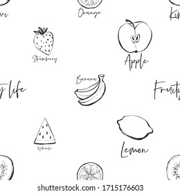 Linear fruity seamless with banana, strawberry, apple, kiwi, orange, lemon, watermelon. Vector tropical background.