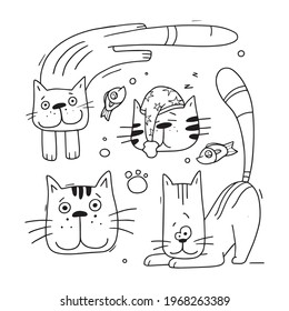 linear funny cats for coloring, stickers, notebook covers, corporate identity