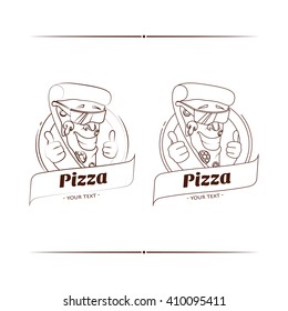 Linear funny character pizza for the logo. On a white background. It can be used on the flyers, business cards, brochures, banners.