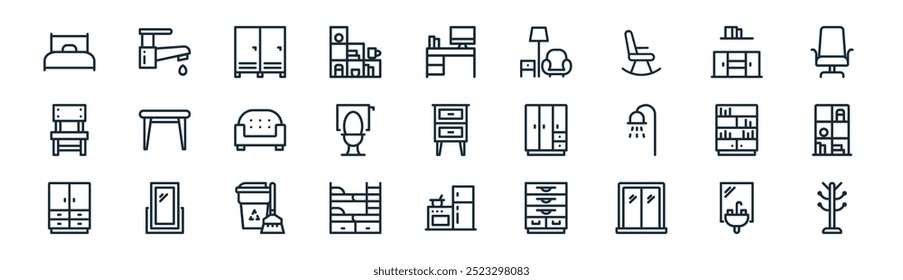 lineares móveis ícone pacote. vetor linha fina apartamento, edifício, casa, casa, casa, livro, comida, roupas ícones adequados para aplicativos e sites projetos de iu