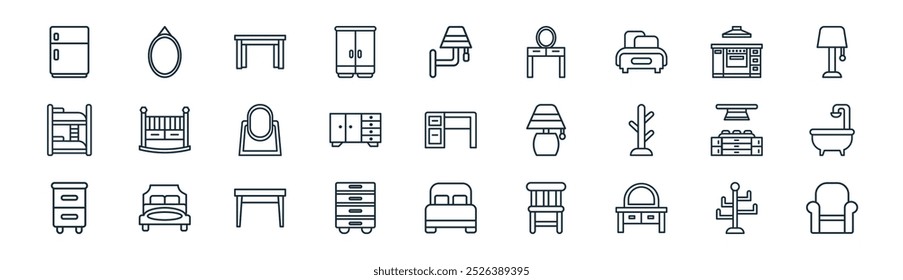 linear furniture icon pack. vector thin line coat rack, mirror, side table, kitchen, table, bath tub, bedroom, sofa icons suitable for apps and websites ui designs