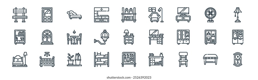 linear furniture icon pack. vector thin line couch, door, chaise longue, fan, wall lamp, refrigerator, clothes rack, wall clock icons suitable for apps and websites ui designs