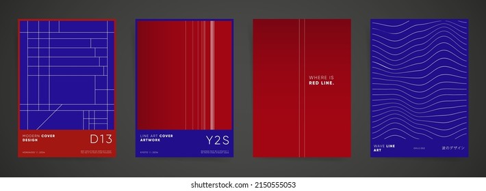 Linear futuristic minimal  poster set for frame template placards, presentations, book or notebook covers.. Swiss aesthetic bold gradient art. Vector background and text. Red and blue colors contract.