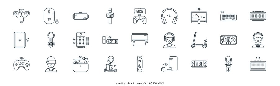 linear gadgets icon pack. vector thin line photographer, mouse, vr glasses, electric keyboard, projector, recording studio, smartwatch, speaker icons suitable for apps and websites ui designs