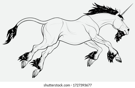 Linear galloping unicorn with long mane. Heraldic horned horse runs, lowering its head. Fictional creature from legends.