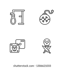 Linear Gallow, Dices, Bomb, Jolly roger Vector Illustration Of 4 outline Icons. Editable Pack Of Gallow, Dices, Bomb, Jolly roger
