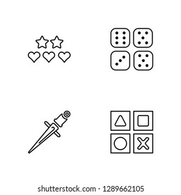 Linear Game, Sword, Dices, Shapes Vector Illustration Of 4 outline Icons. Editable Pack Of Game, Sword, Dices, Shapes