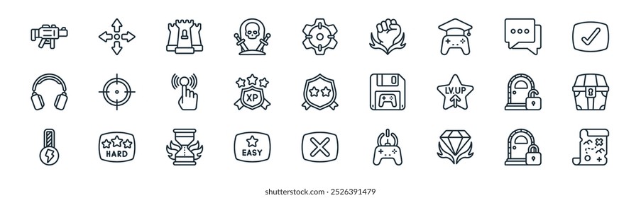 linear game ui icon pack. vector thin line door, arrows, castle, chat, experience, chest, cross, map icons suitable for apps and websites ui designs