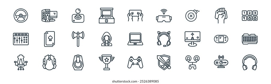 linear gaming icon pack. vector thin line web camera, gaming, joystick, gamer, character, keyboard, gamepad, headphones icons suitable for apps and websites ui designs