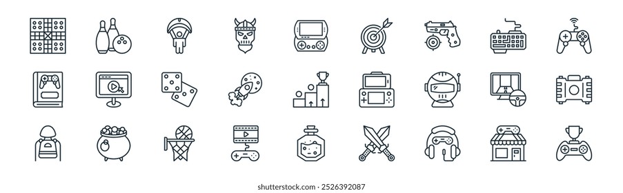 linear gaming icon pack. vector thin line game shop, bowling, parachute, keyboard, space, bag, potion, win icons suitable for apps and websites ui designs