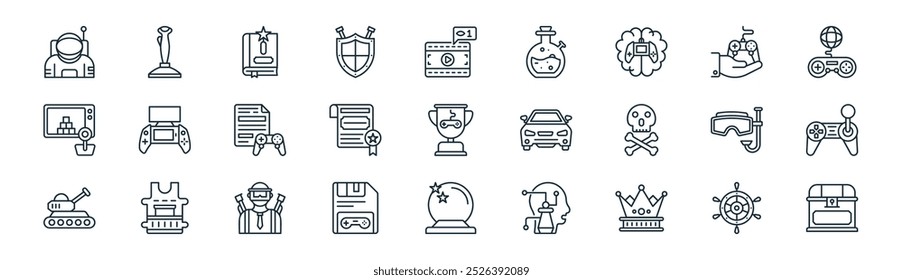 linear gaming icon pack. vector thin line ship wheel, game controller, magic book, controller, diploma, video game, magic ball, treasure chest icons suitable for apps and websites ui designs