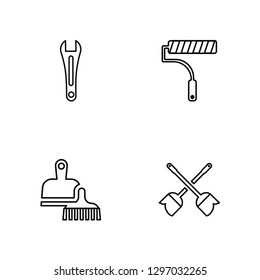 Linear Garage Wrench, Dustpan and Brush, Painter Roller, Cleaning Mop Vector Illustration Of 4 outline Icons. Editable Pack Of Garage Wrench, Dustpan and Brush, Painter Roller, Cleaning Mop