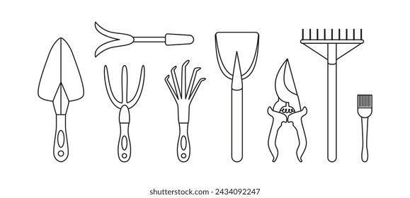 Linear garden tools icons and doodles. Garden rake, garden fork, flower scoop, hand cultivator, pruning shears, secateurs, bayonet shovel, brush, pitchfork. Line art isolated on white.