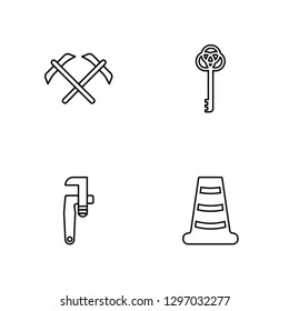 Linear Gardening Digger, stillson wrench, Antique Key, Cone Vector Illustration Of 4 outline Icons. Editable Pack Of Gardening Digger, stillson wrench, Antique Key, Cone