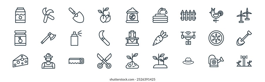 linear gardening icon pack. vector thin line watering can, pruners, trowel, weather vane, sickle, shovel, sprout, irrigation system icons suitable for apps and websites ui designs