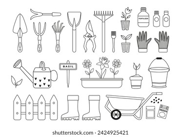 Linear gardening icons and doodles. Spring farming works. Garden tools, watering can, bucket, wheelbarrow, seeds, plants in pots, fertilizer, boots, gloves. Line art. Coloring page. 