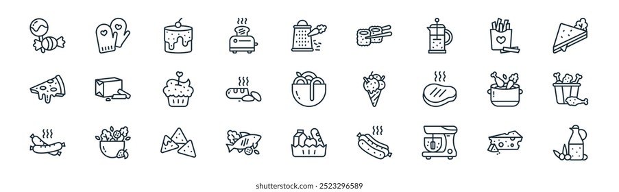 Vector de queso de línea delgada, guantes de horno, pastel, papas fritas francesas, baguette, pollo, comestibles, íconos de aceite de oliva adecuados para App y Sitios web UI diseños