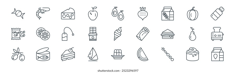 linear gastronomy icon pack. vector thin line cinnamon roll, shrimp, cheese, pepper, chote bar, toaster, jelly, milk box icons suitable for apps and websites ui designs