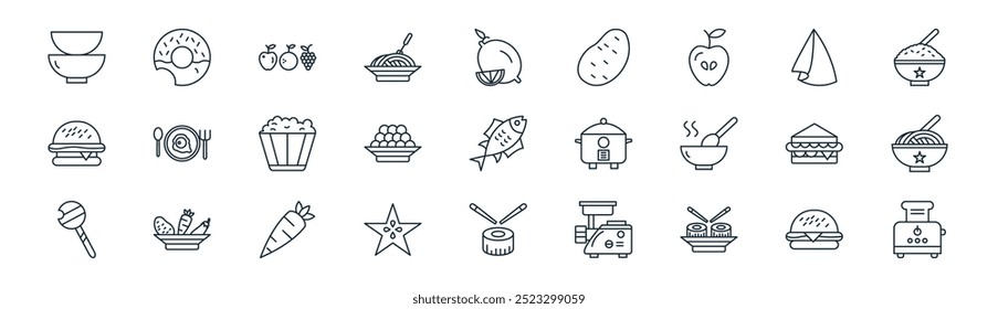 Vector de hamburguesas de línea delgada, donas, frutas, servilletas, caviar, espaguetis, sushi, tostadoras iconos adecuados para App y Sitios web UI diseños